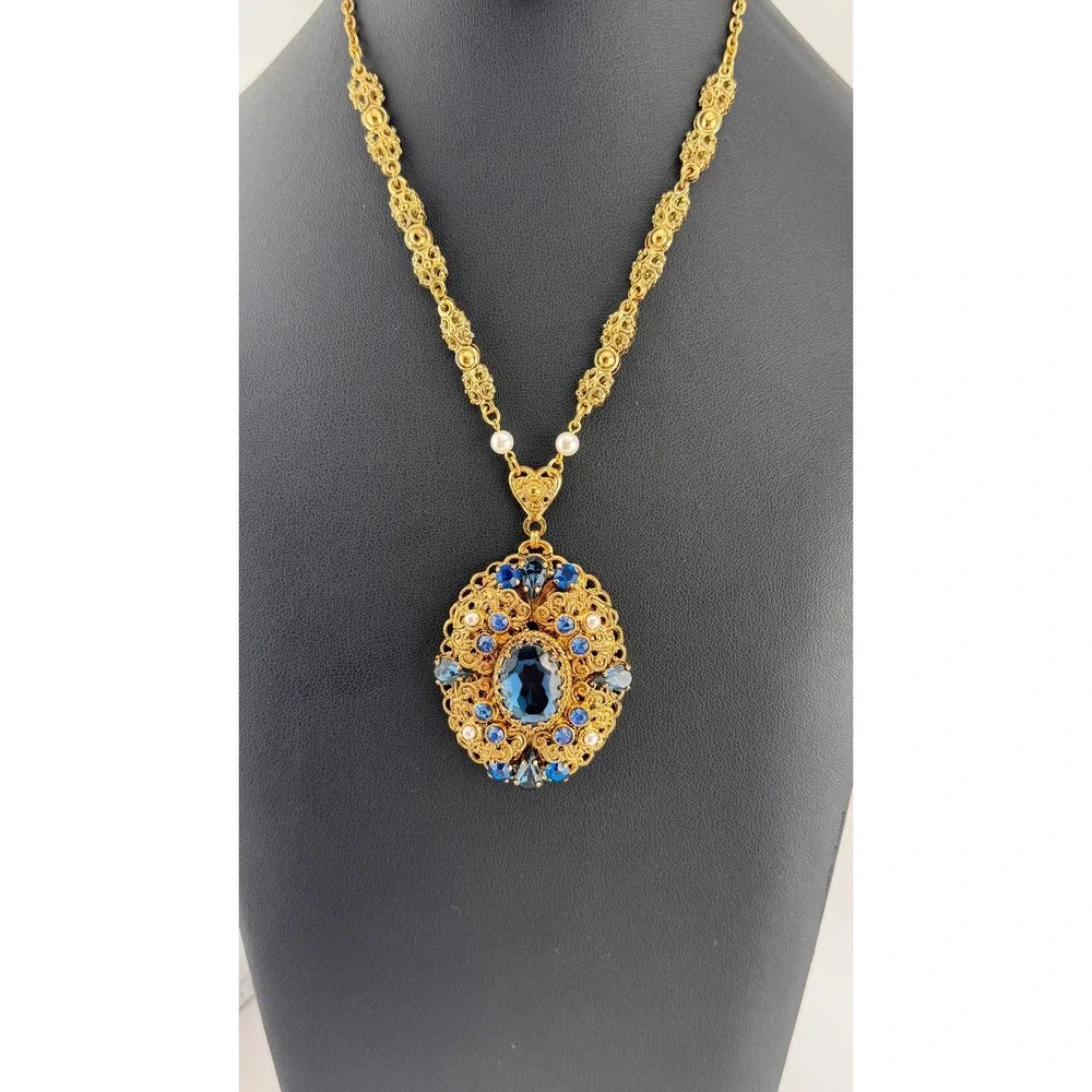 Vintage West Germany Blue Rhinestone Filigree Pendant Necklace 24.5